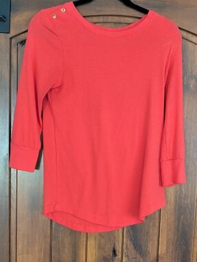 Carole Little Coral-Red 3/4 Sleeve Boatneck Top with Shoulder Buttons